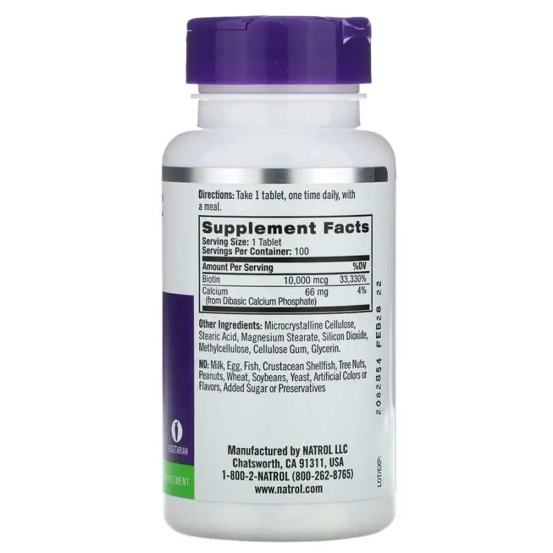 Natrol Biotin, Peau,cheveux et ongles, 10000mcg, 100 cmps – Image 2
