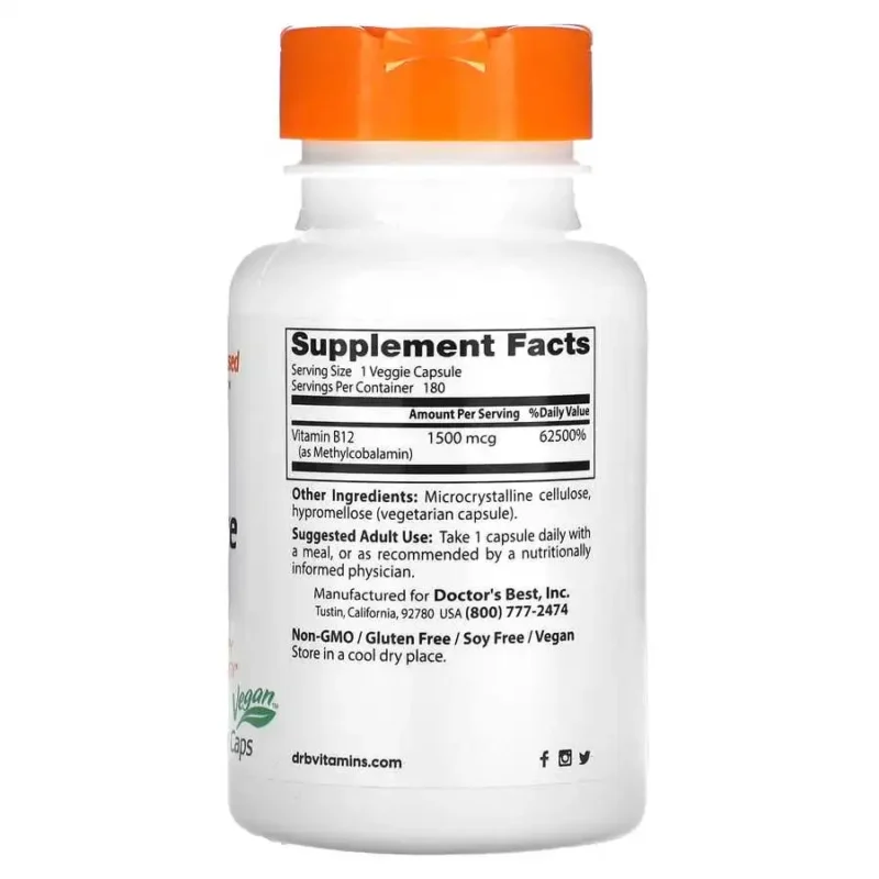 Doctor's Best Totalement Actif B12 1500 mg 180 Capsules – Image 2