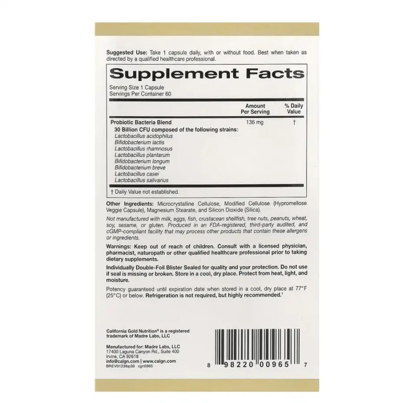 California Gold Nutrition, Probiotiques LactoBif, 30M, 60 capsules – Image 2