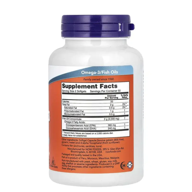 NOW Foods – Huile de poisson oméga-3 1000 mg, 180 EPA / 120 DHA – 100 capsules – Image 2